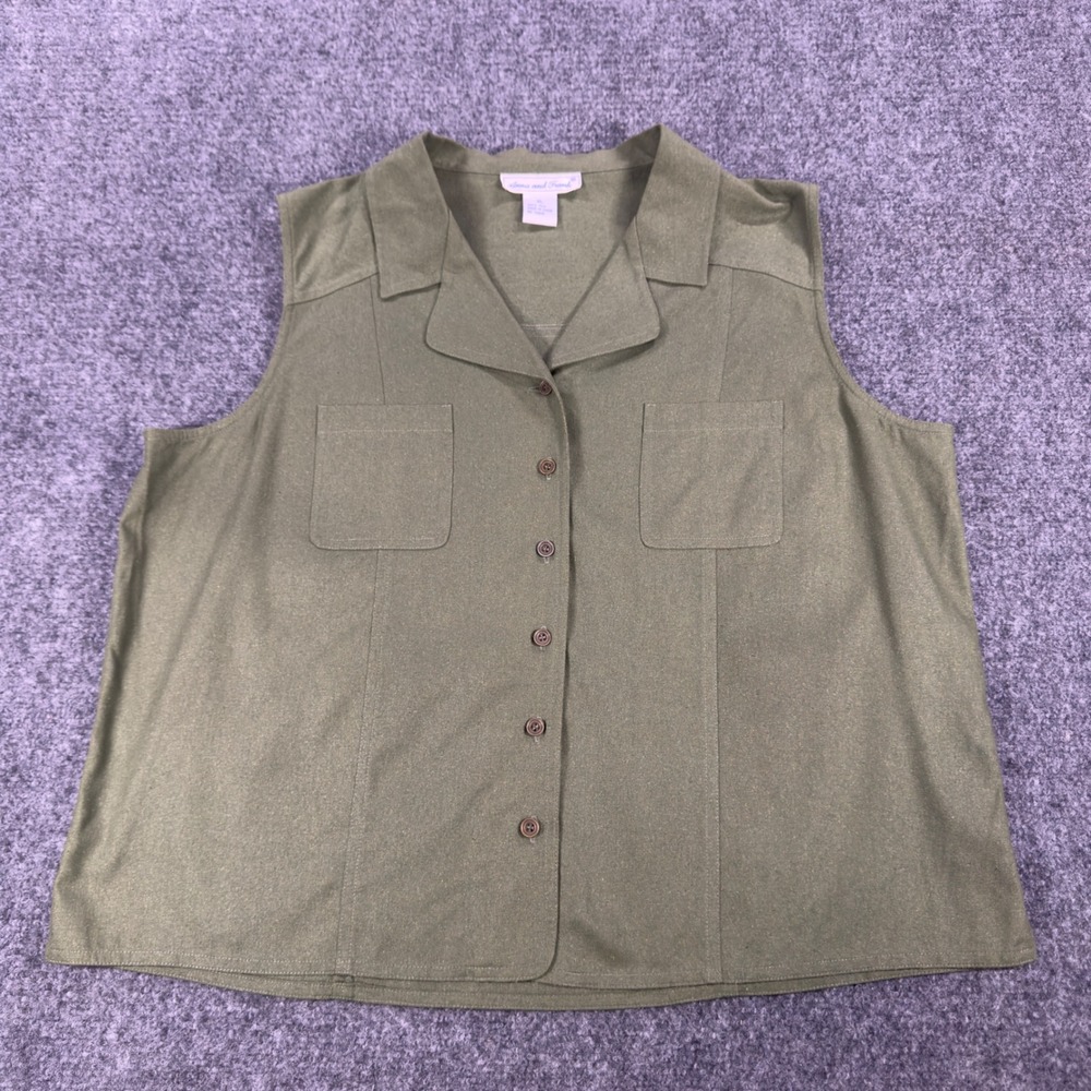 Anna and Frank Womens XL Olive Green 100% Silk Sleeveless Button Down Shirt Top